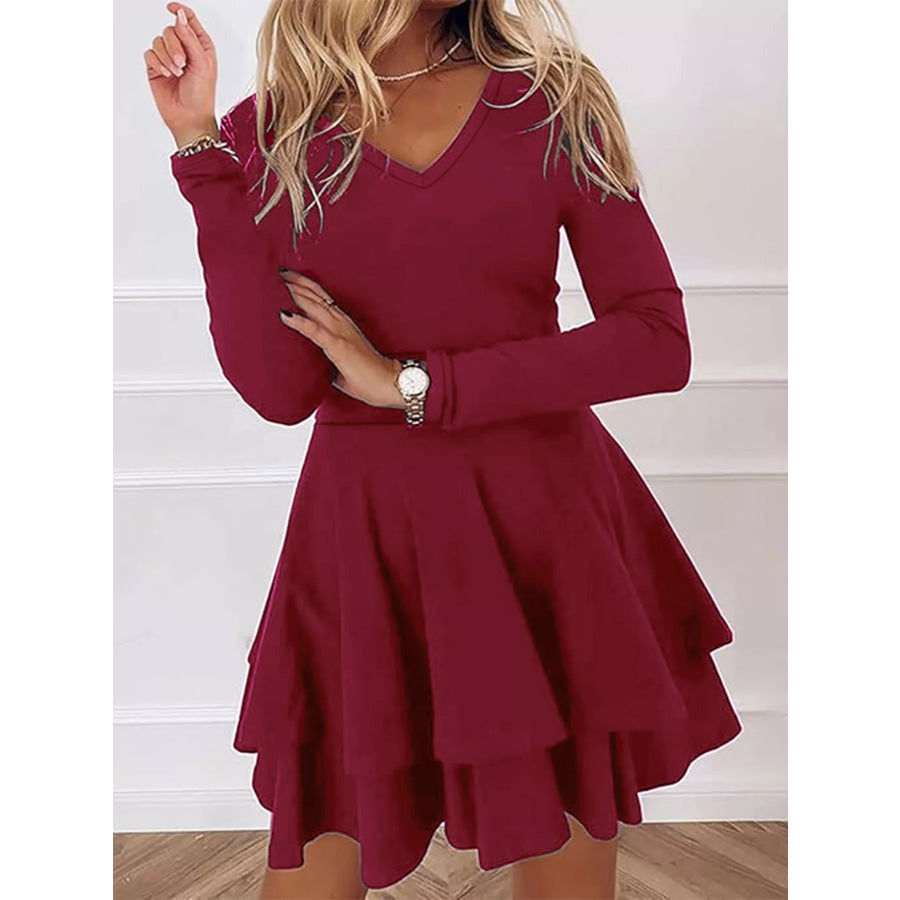 V-Neck Layered Ruffle Mini Dress Apparel and Accessories