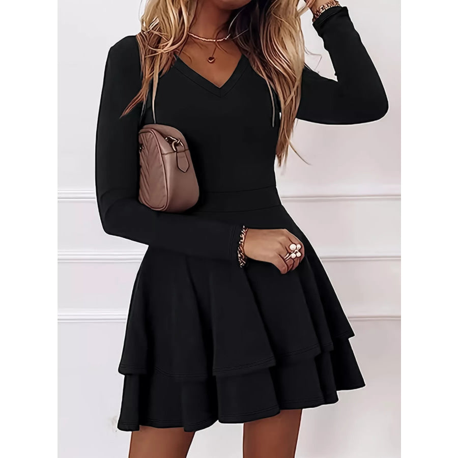 V-Neck Layered Ruffle Mini Dress Apparel and Accessories