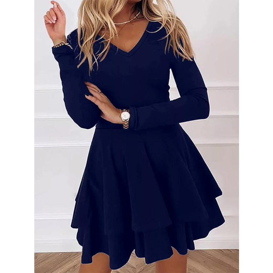 V-Neck Layered Ruffle Mini Dress Apparel and Accessories
