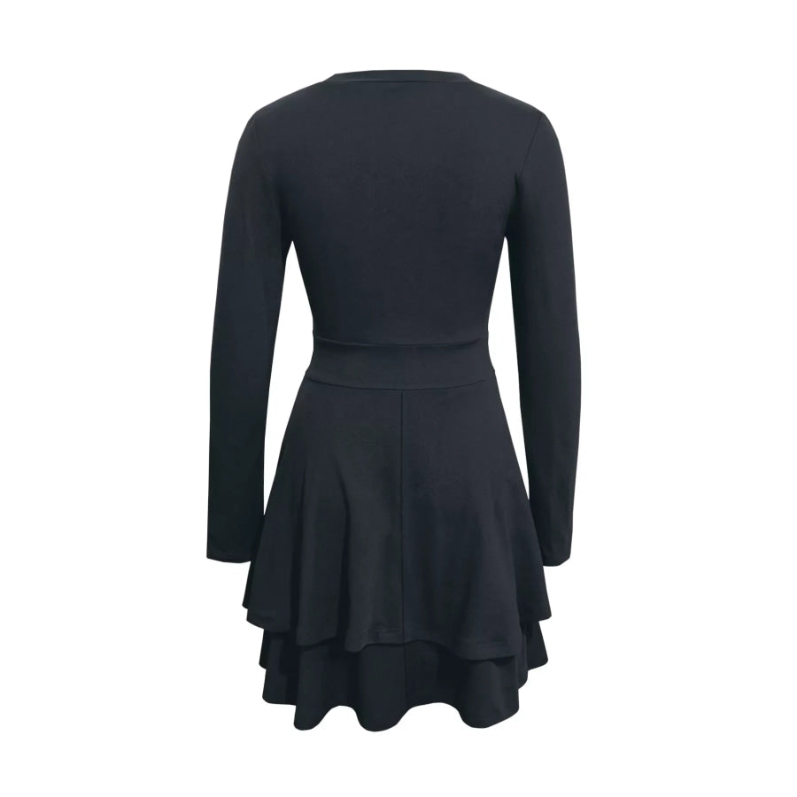 V-Neck Layered Ruffle Mini Dress Black / S Apparel and Accessories