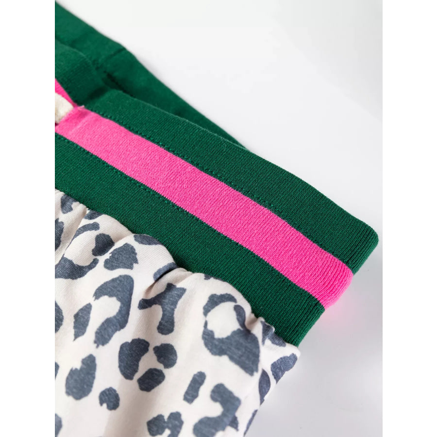 V Neck Leopard Long Sleeve Top Striped Webbing Patchwork Drawstring Pant Set Apparel and Accessories