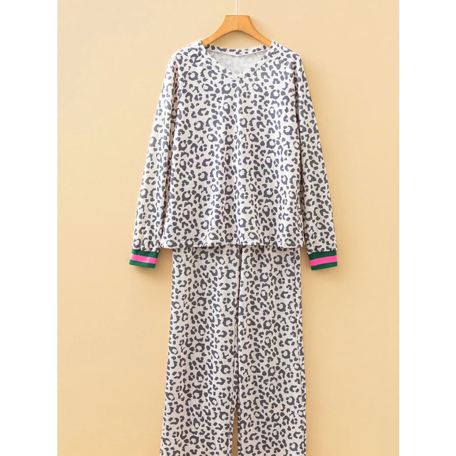 V Neck Leopard Long Sleeve Top Striped Webbing Patchwork Drawstring Pant Set Apparel and Accessories