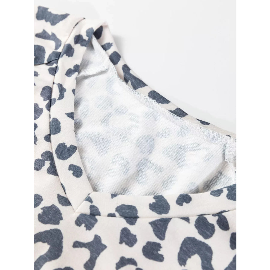 V Neck Leopard Long Sleeve Top Striped Webbing Patchwork Drawstring Pant Set Apparel and Accessories