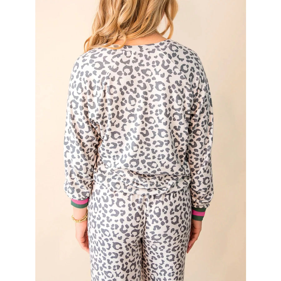 V Neck Leopard Long Sleeve Top Striped Webbing Patchwork Drawstring Pant Set Apparel and Accessories