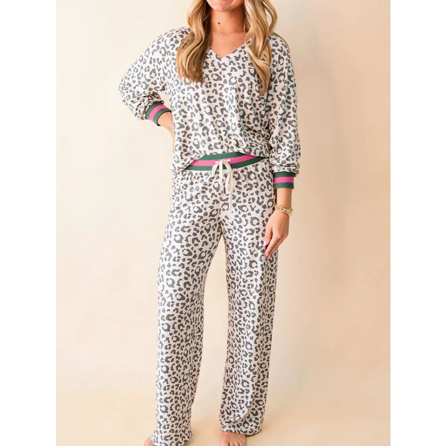 V Neck Leopard Long Sleeve Top Striped Webbing Patchwork Drawstring Pant Set Apparel and Accessories
