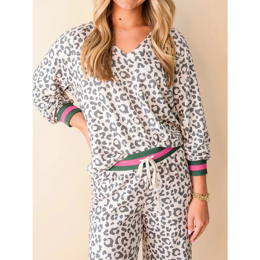 V Neck Leopard Long Sleeve Top Striped Webbing Patchwork Drawstring Pant Set Leopard / S Apparel and Accessories