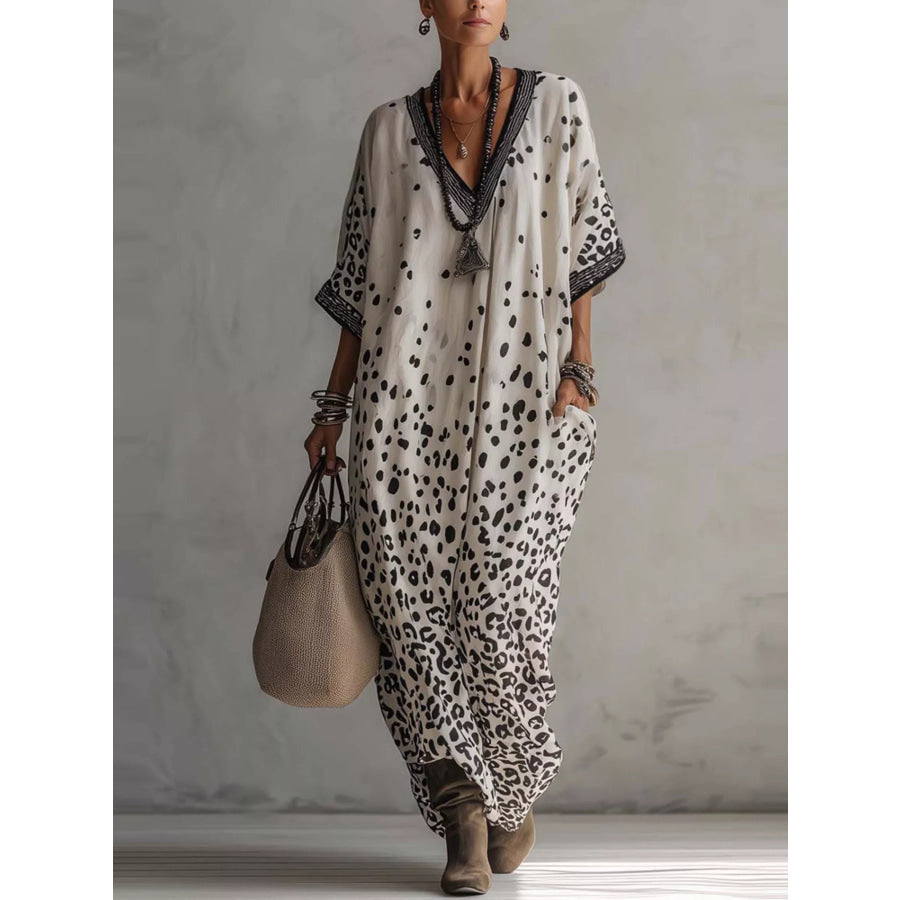 V-Neck Leopard Print Loose Maxi Dress White / S Apparel and Accessories