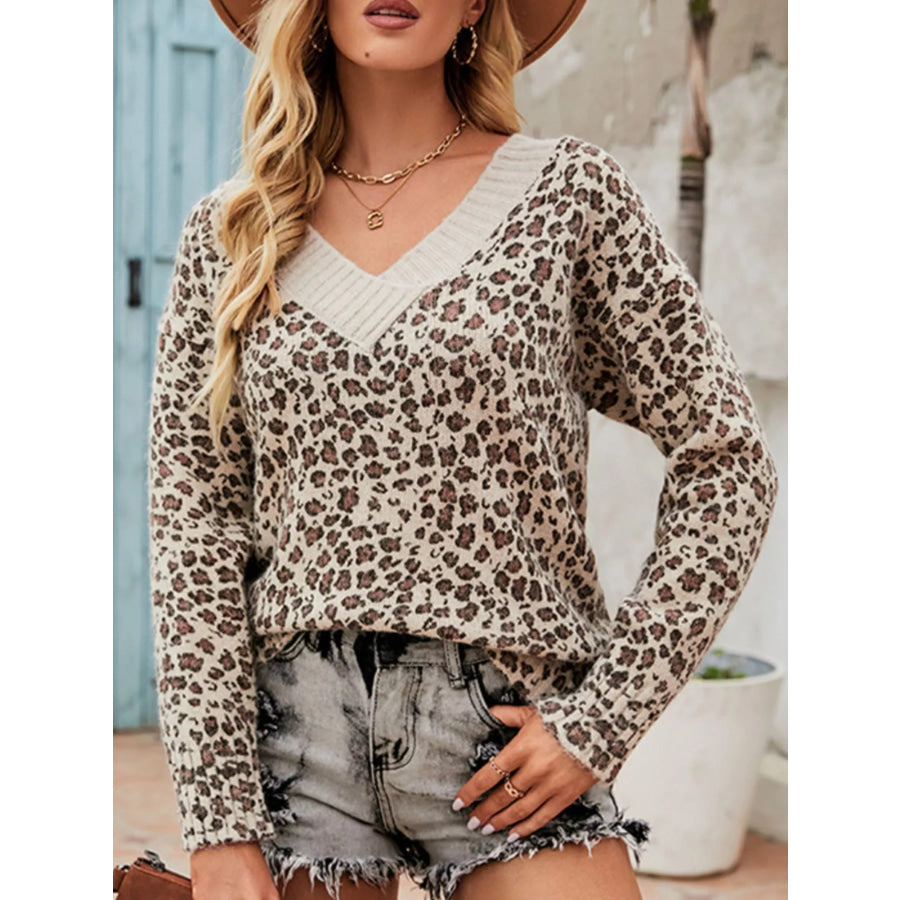 V-Neck Leopard Print Pullover Sweater Apparel and Accessories