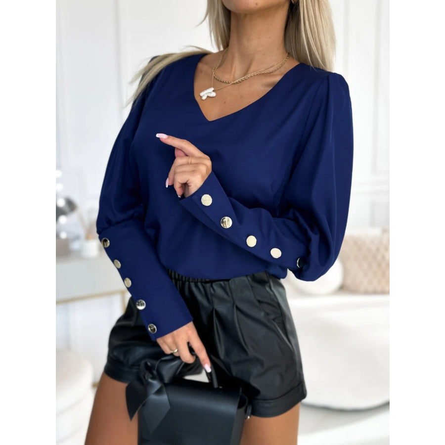 V-Neck Long Sleeve Blouse Dark Blue / S Apparel and Accessories