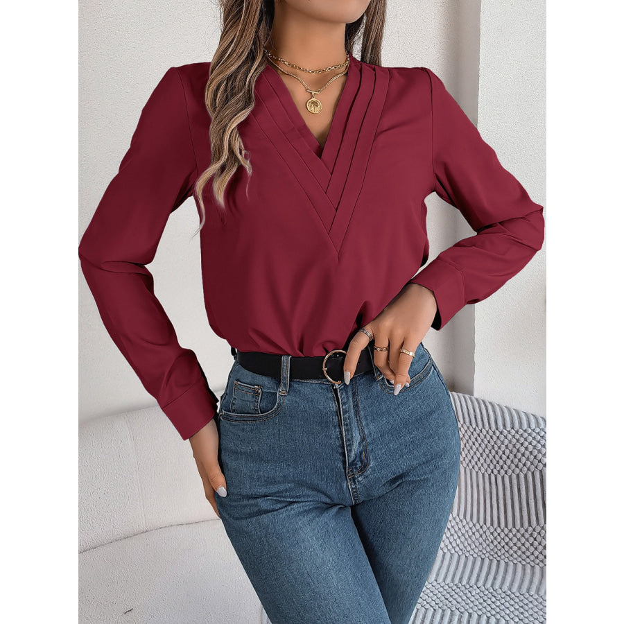 V-Neck Long Sleeve Blouse Burgundy / S Apparel and Accessories