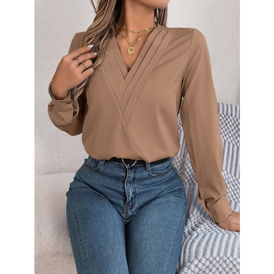 V-Neck Long Sleeve Blouse Camel / S Apparel and Accessories