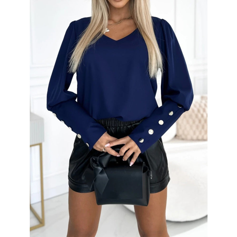 V-Neck Long Sleeve Blouse Dark Blue / S Apparel and Accessories