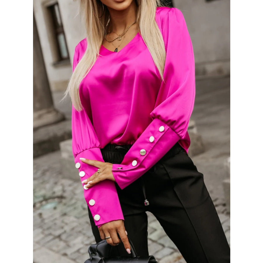 V-Neck Long Sleeve Blouse Hot Pink / S Apparel and Accessories