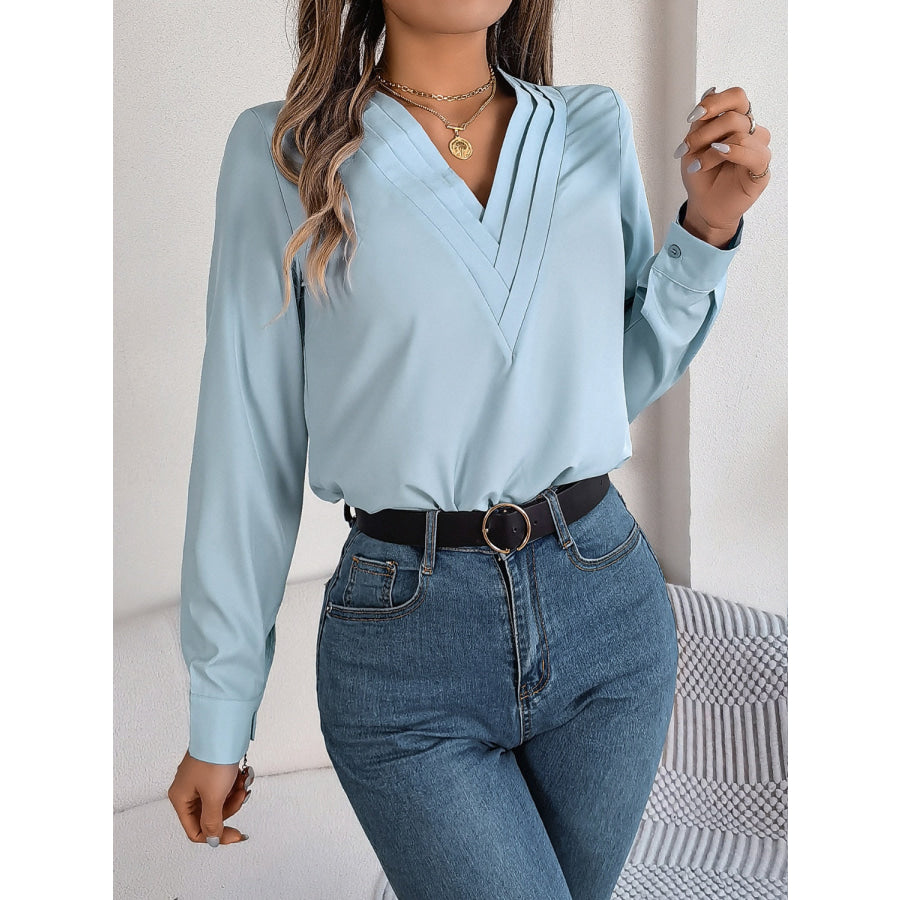 V-Neck Long Sleeve Blouse Light Blue / S Apparel and Accessories