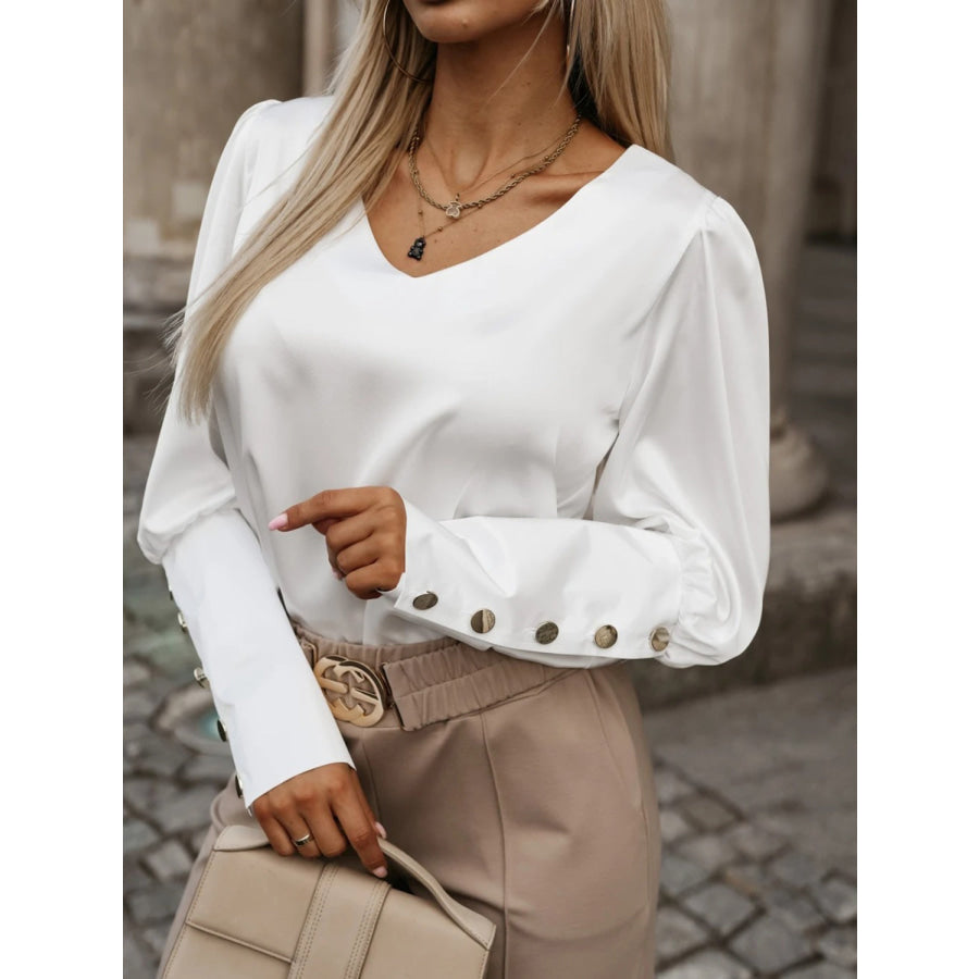 V-Neck Long Sleeve Blouse White / S Apparel and Accessories