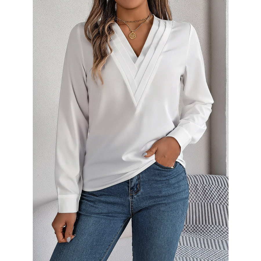 V-Neck Long Sleeve Blouse White / S Apparel and Accessories