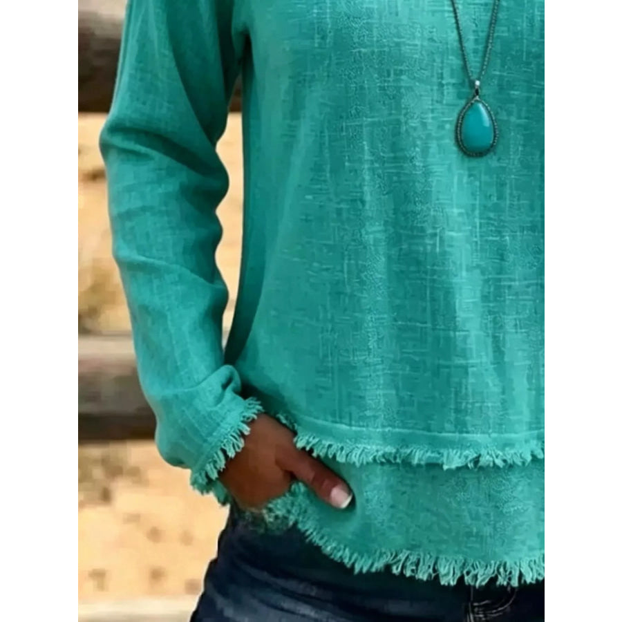 V-Neck Long Sleeve Blouse with Frayed Hem Detail Apparel and Accessories