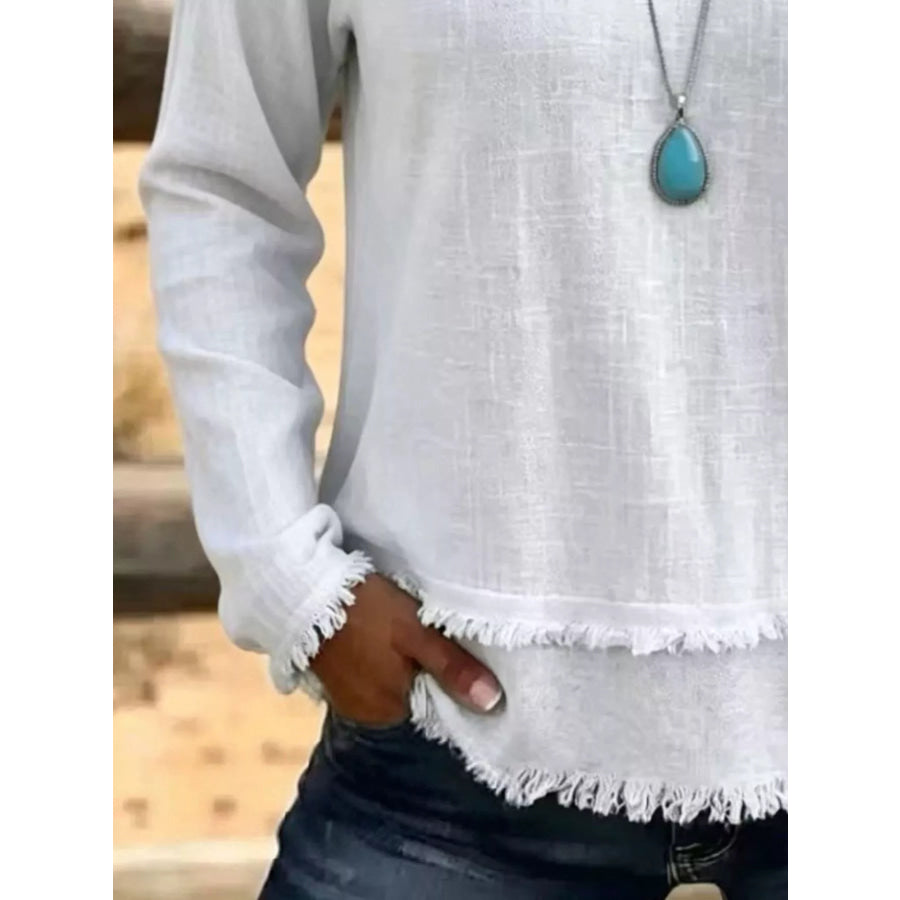 V-Neck Long Sleeve Blouse with Frayed Hem Detail Apparel and Accessories