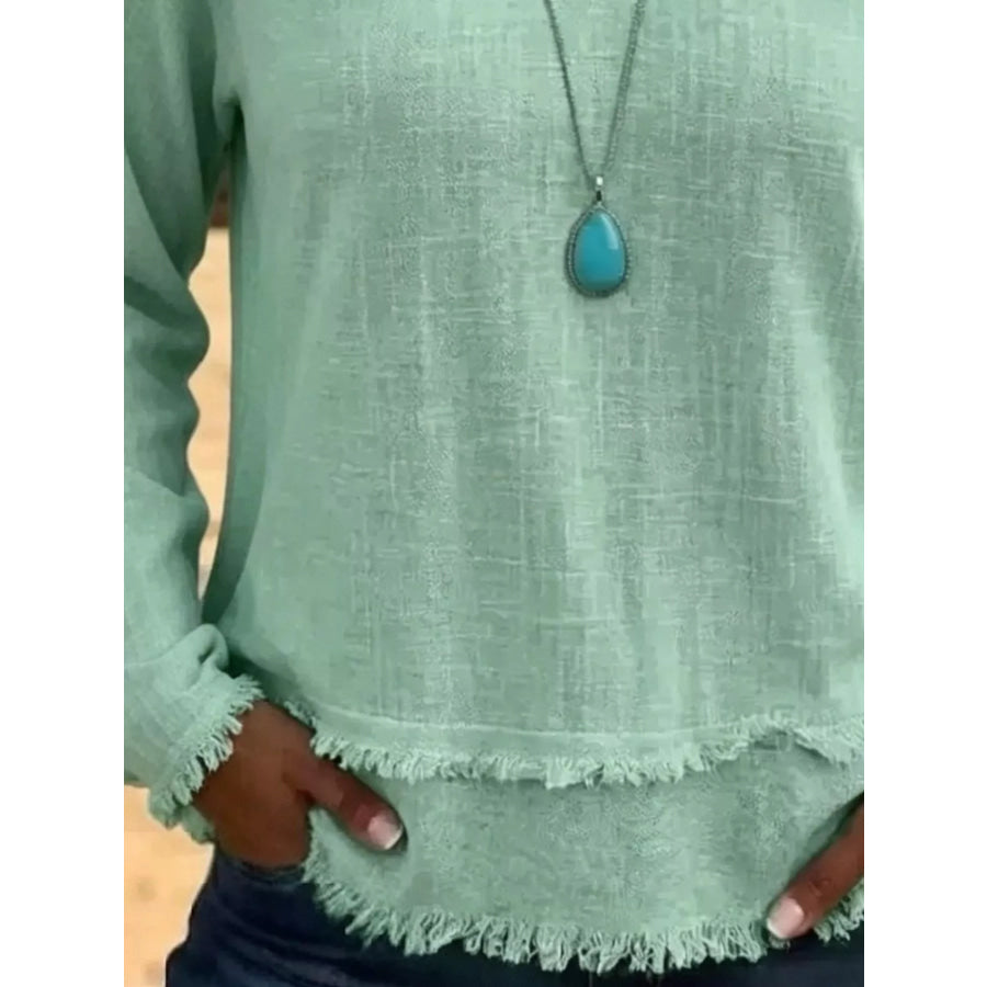 V-Neck Long Sleeve Blouse with Frayed Hem Detail Apparel and Accessories