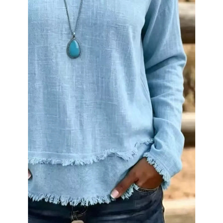 V-Neck Long Sleeve Blouse with Frayed Hem Detail Apparel and Accessories