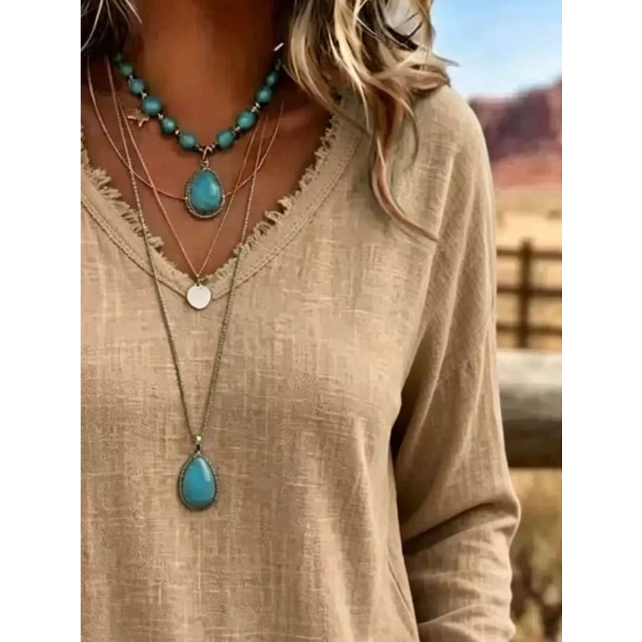 V-Neck Long Sleeve Blouse with Frayed Hem Detail Apparel and Accessories