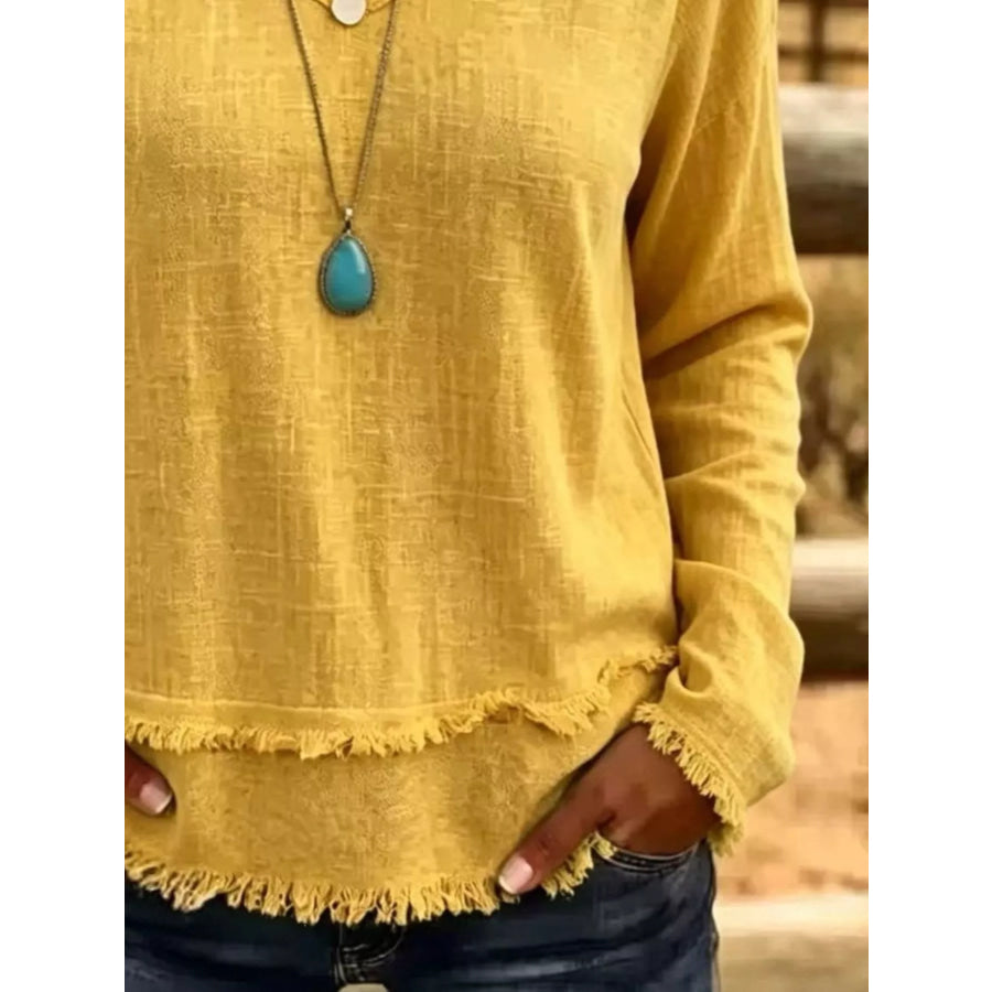 V-Neck Long Sleeve Blouse with Frayed Hem Detail Apparel and Accessories