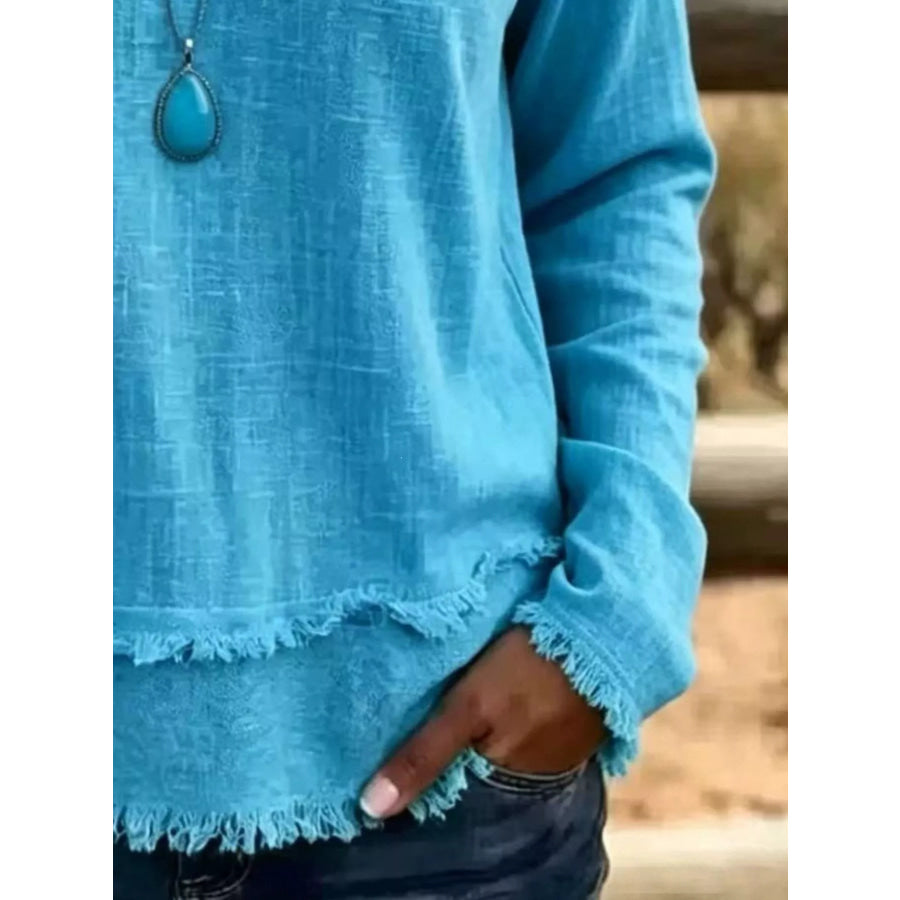 V-Neck Long Sleeve Blouse with Frayed Hem Detail Apparel and Accessories