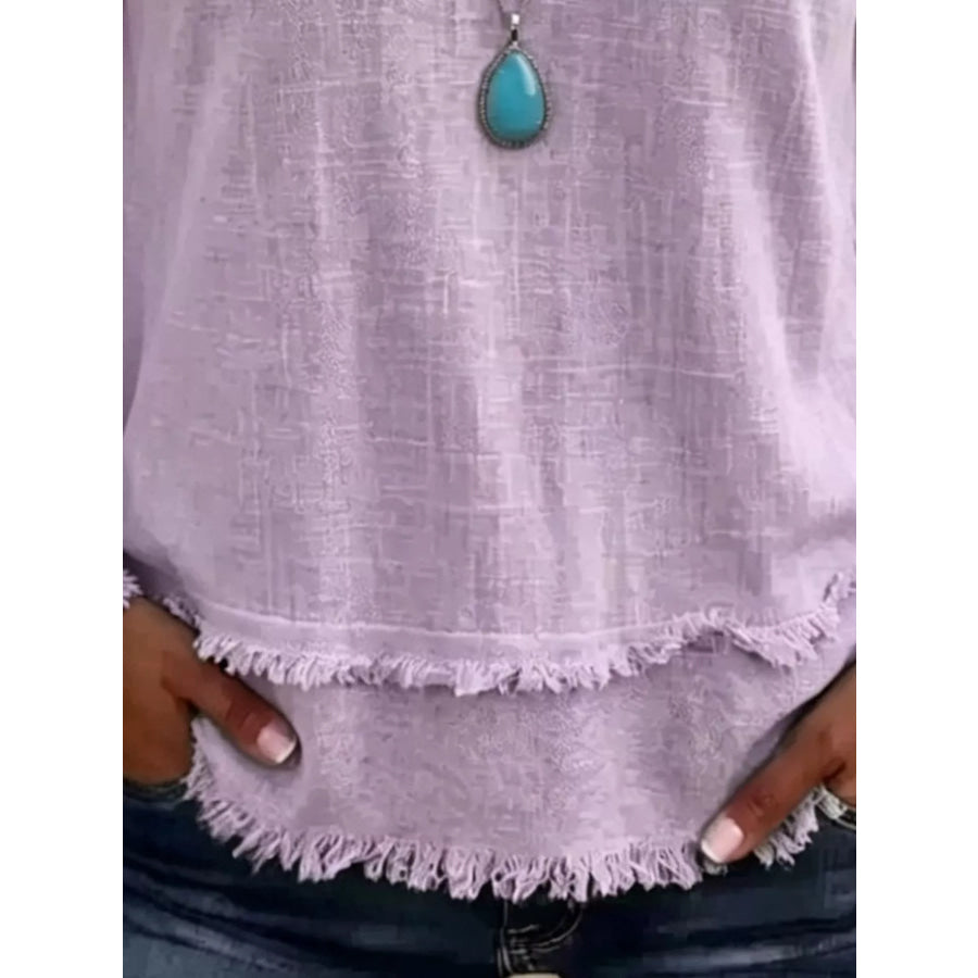 V-Neck Long Sleeve Blouse with Frayed Hem Detail Apparel and Accessories