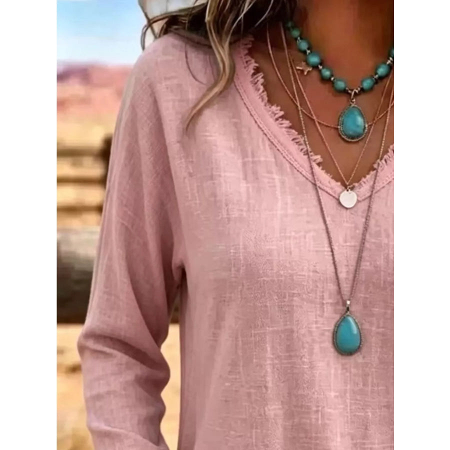 V-Neck Long Sleeve Blouse with Frayed Hem Detail Apparel and Accessories