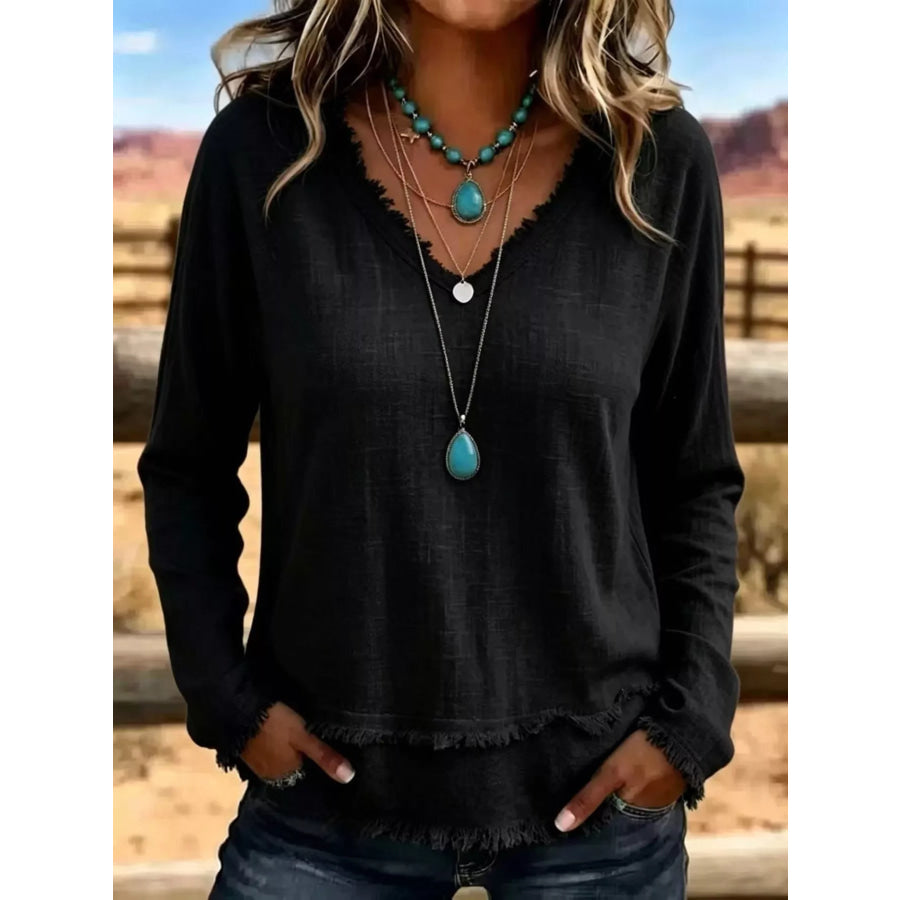 V-Neck Long Sleeve Blouse with Frayed Hem Detail Black / S Apparel and Accessories