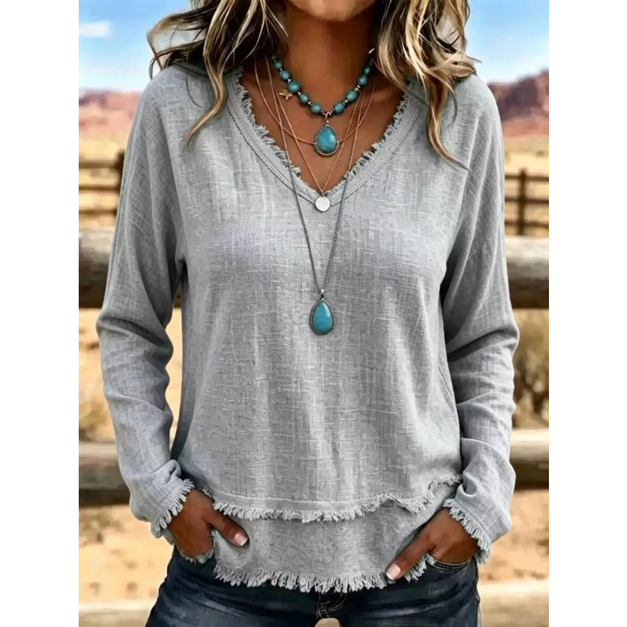 V-Neck Long Sleeve Blouse with Frayed Hem Detail Gray / S Apparel and Accessories