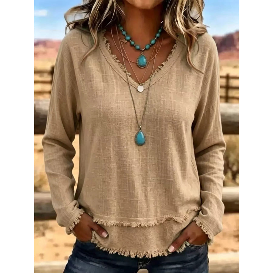 V-Neck Long Sleeve Blouse with Frayed Hem Detail Khaki / S Apparel and Accessories