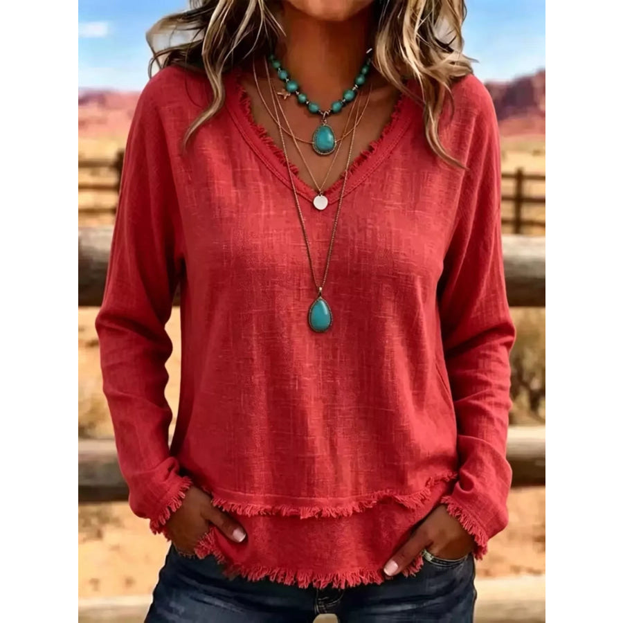 V-Neck Long Sleeve Blouse with Frayed Hem Detail Red / S Apparel and Accessories