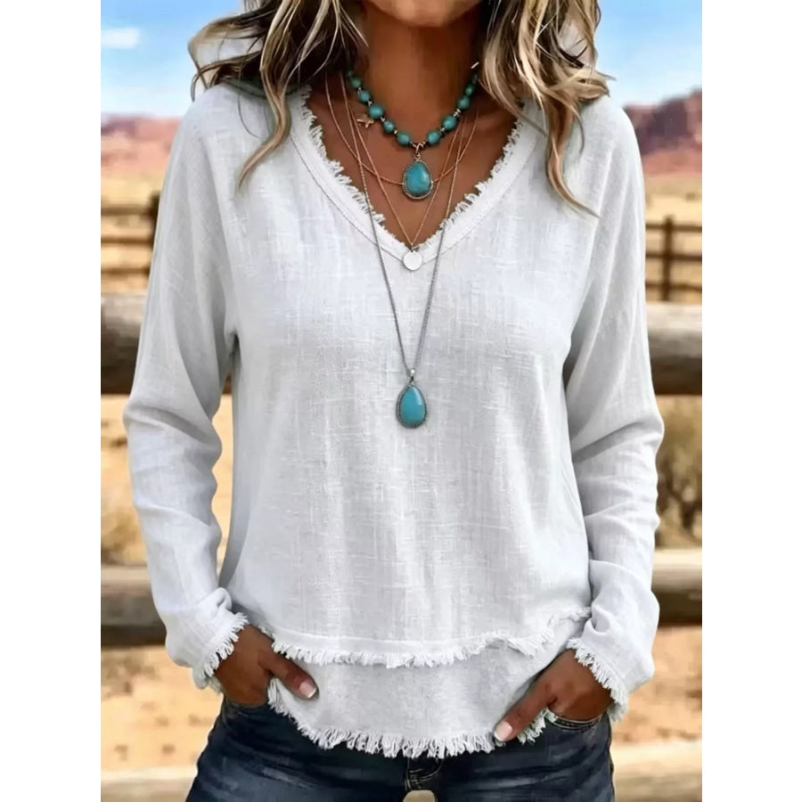 V-Neck Long Sleeve Blouse with Frayed Hem Detail White / S Apparel and Accessories