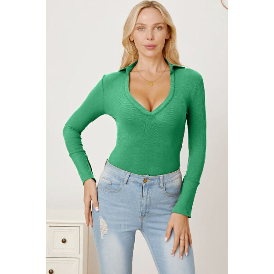 V-Neck Long Sleeve Bodysuit Mid Green / S Clothing
