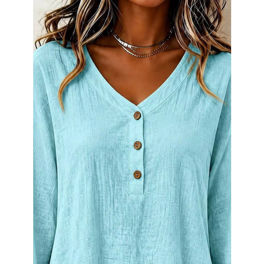 V-Neck Long Sleeve Button Detail Ruffled Hem Blouse Apparel and Accessories