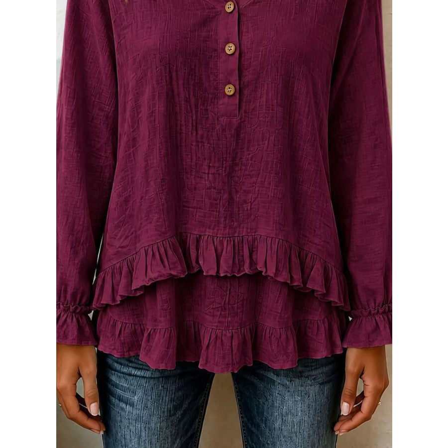V-Neck Long Sleeve Button Detail Ruffled Hem Blouse Apparel and Accessories