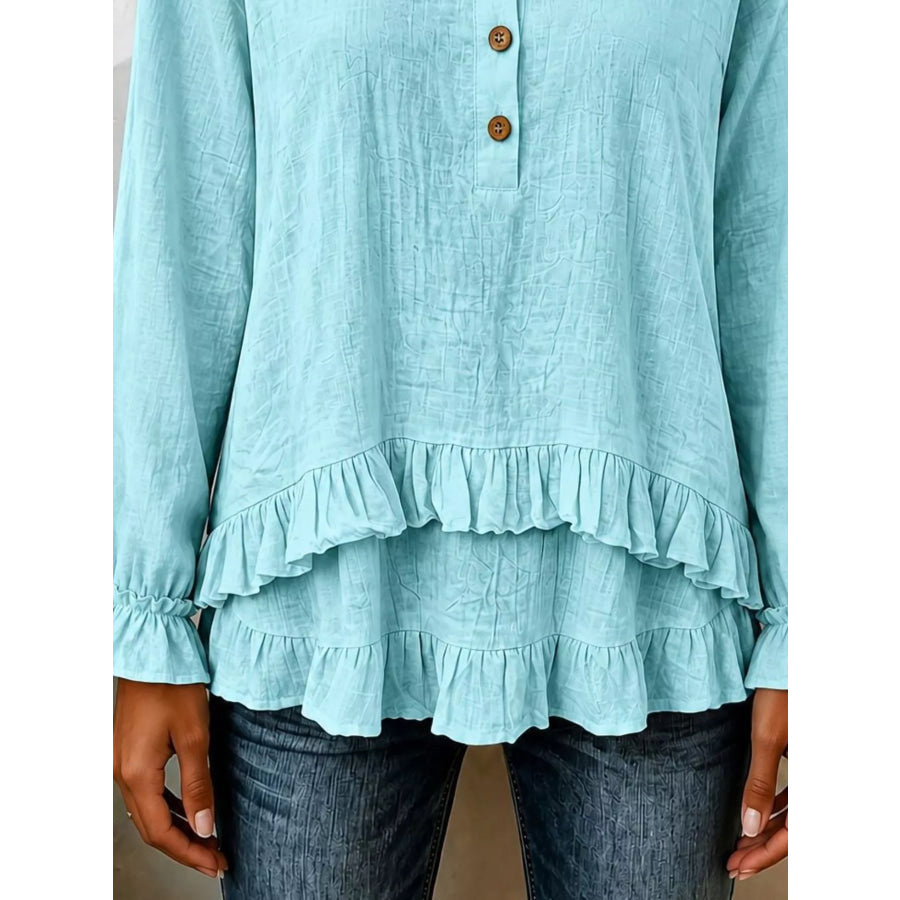 V-Neck Long Sleeve Button Detail Ruffled Hem Blouse Apparel and Accessories