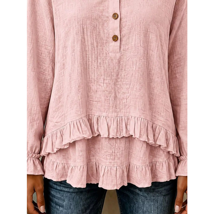 V-Neck Long Sleeve Button Detail Ruffled Hem Blouse Apparel and Accessories