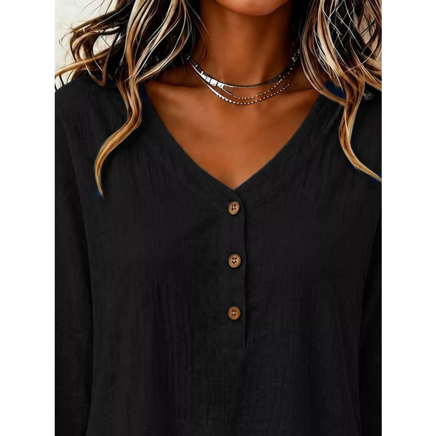 V-Neck Long Sleeve Button Detail Ruffled Hem Blouse Apparel and Accessories