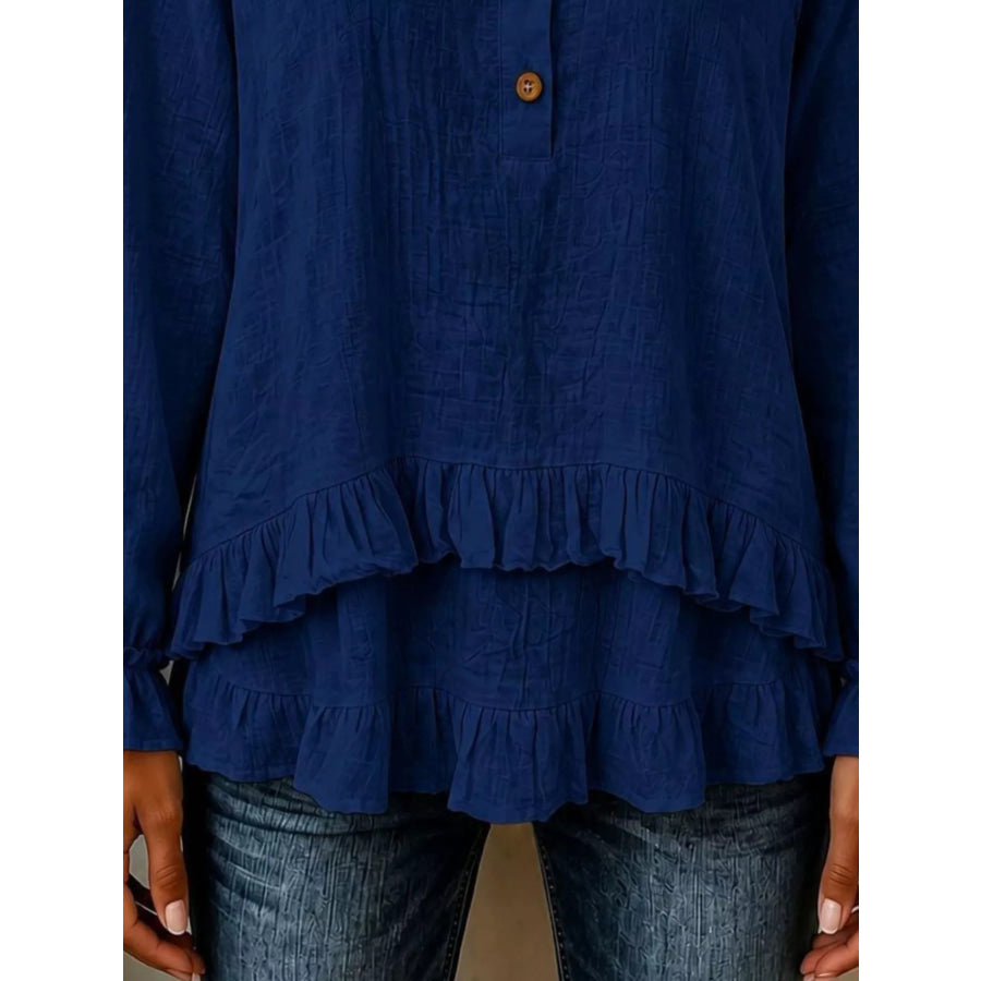 V-Neck Long Sleeve Button Detail Ruffled Hem Blouse Apparel and Accessories