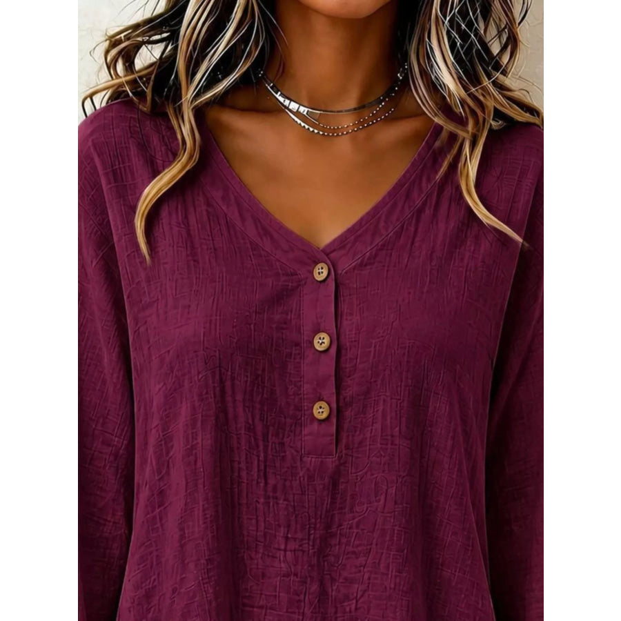 V-Neck Long Sleeve Button Detail Ruffled Hem Blouse Apparel and Accessories