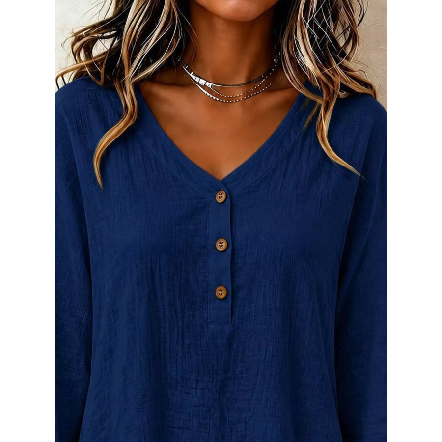 V-Neck Long Sleeve Button Detail Ruffled Hem Blouse Apparel and Accessories