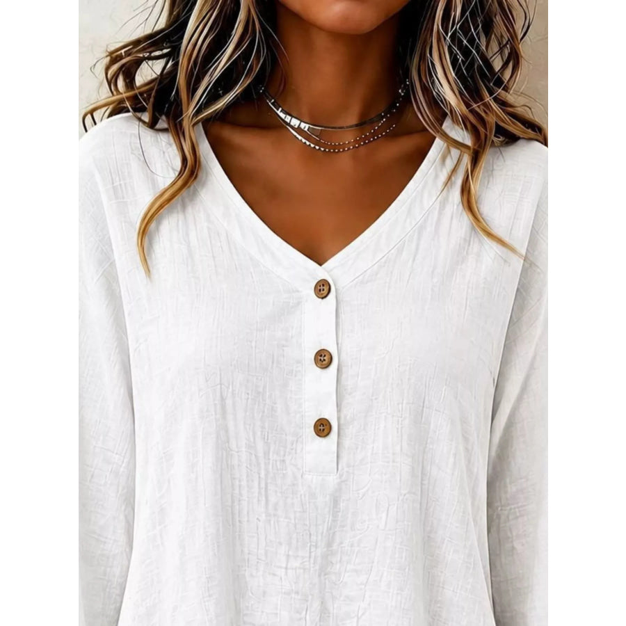 V-Neck Long Sleeve Button Detail Ruffled Hem Blouse Apparel and Accessories