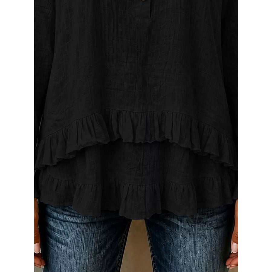 V-Neck Long Sleeve Button Detail Ruffled Hem Blouse Apparel and Accessories
