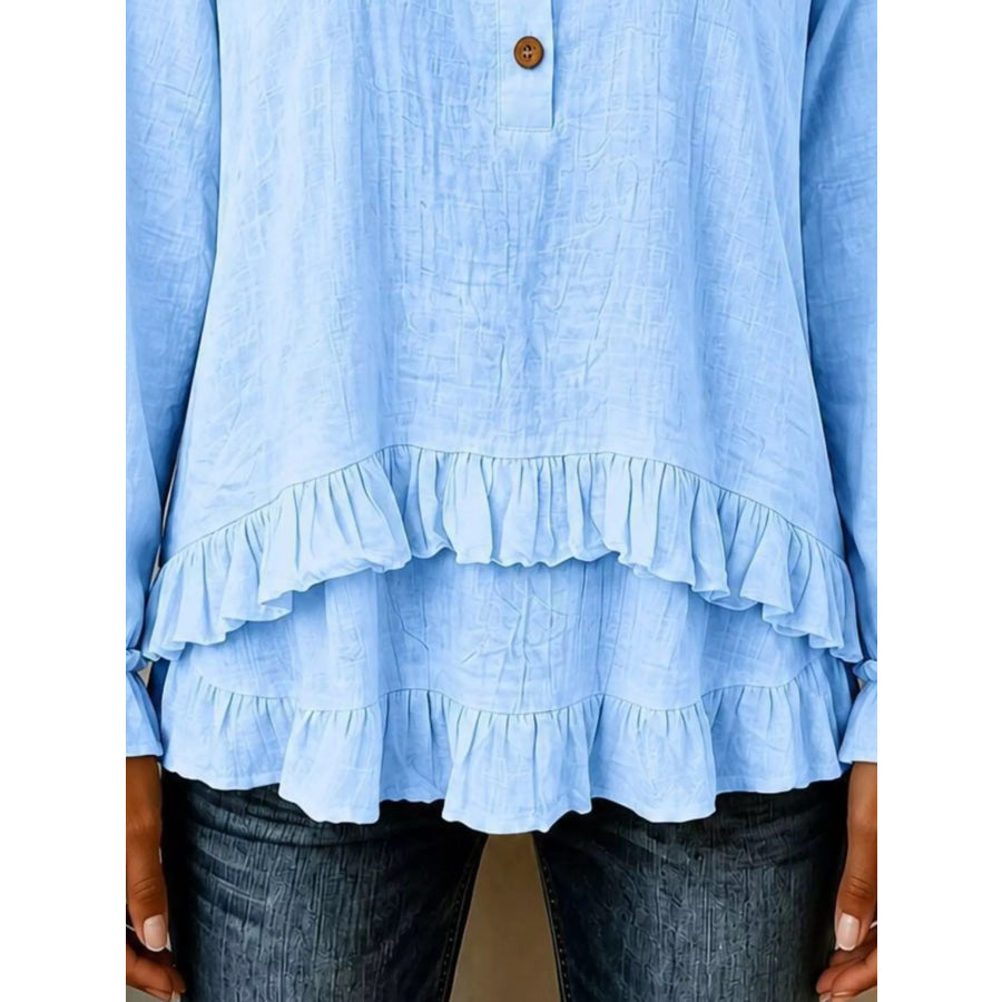 V-Neck Long Sleeve Button Detail Ruffled Hem Blouse Apparel and Accessories
