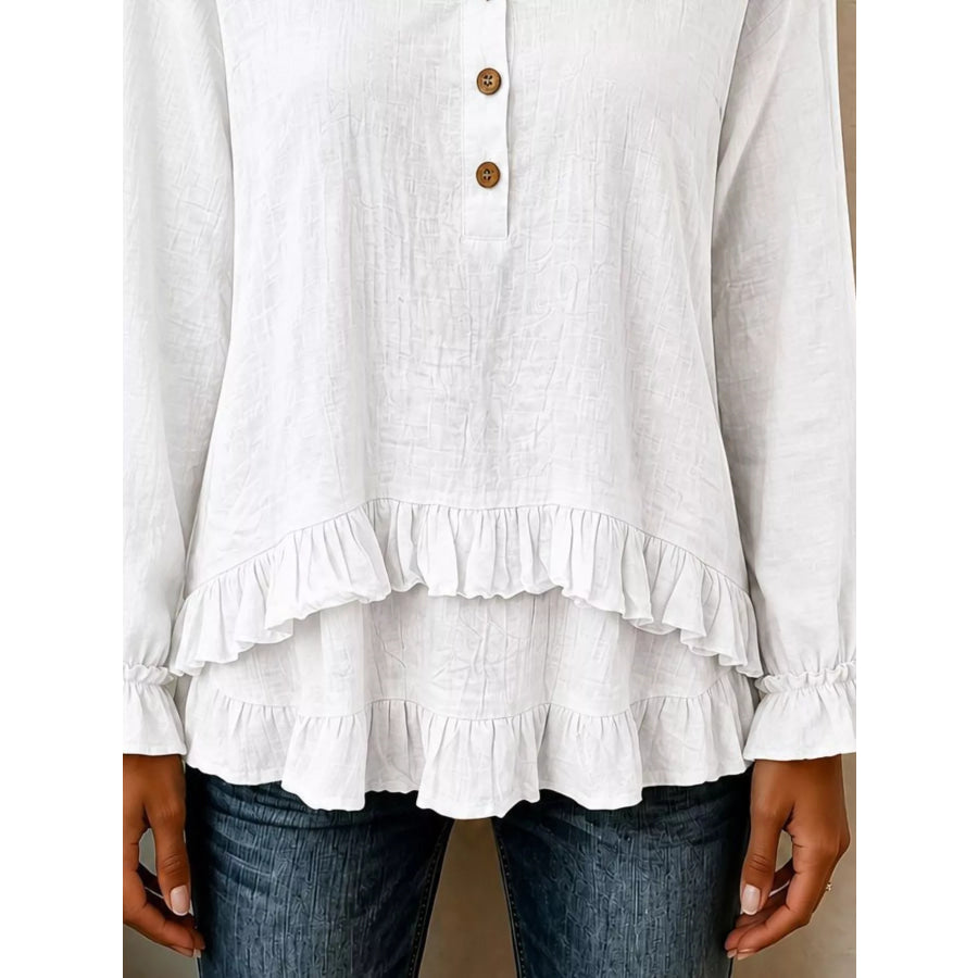 V-Neck Long Sleeve Button Detail Ruffled Hem Blouse Apparel and Accessories