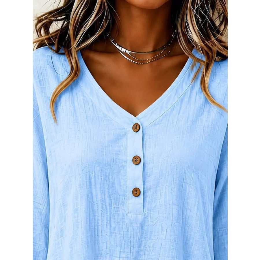 V-Neck Long Sleeve Button Detail Ruffled Hem Blouse Apparel and Accessories