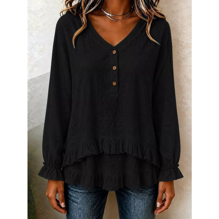 V-Neck Long Sleeve Button Detail Ruffled Hem Blouse Black / S Apparel and Accessories
