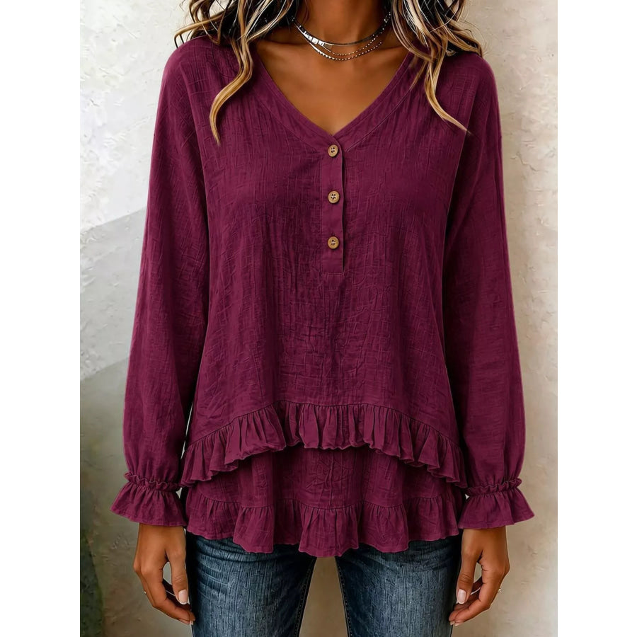 V-Neck Long Sleeve Button Detail Ruffled Hem Blouse Burgundy / S Apparel and Accessories